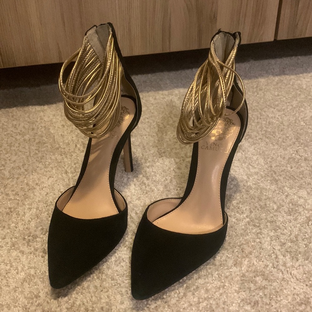 Vince Camuto pumps with metallic leather ankle straps